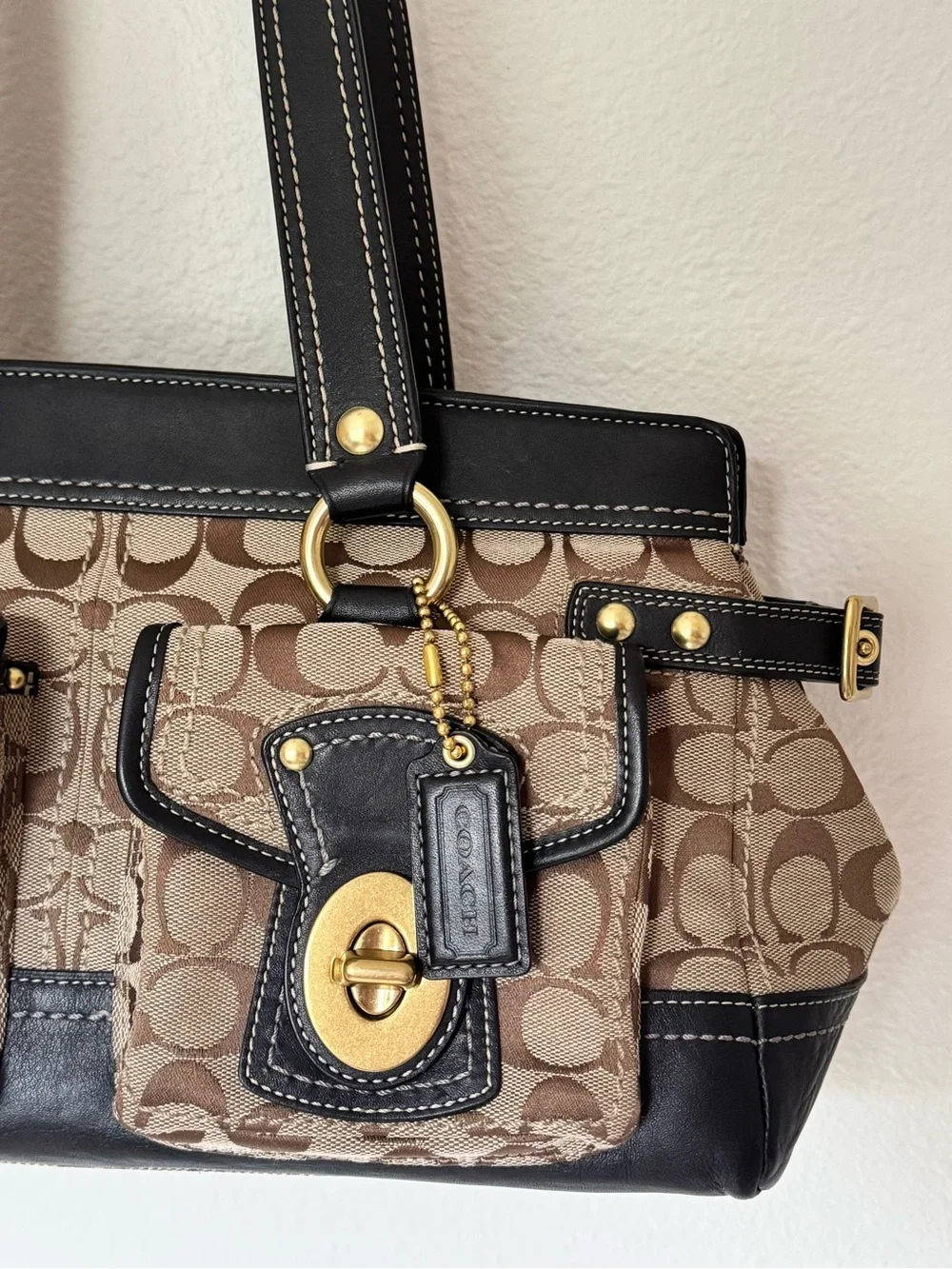 Coach Legacy Signature Double Turn Lock Tote F13131 Black Leather Jacquard